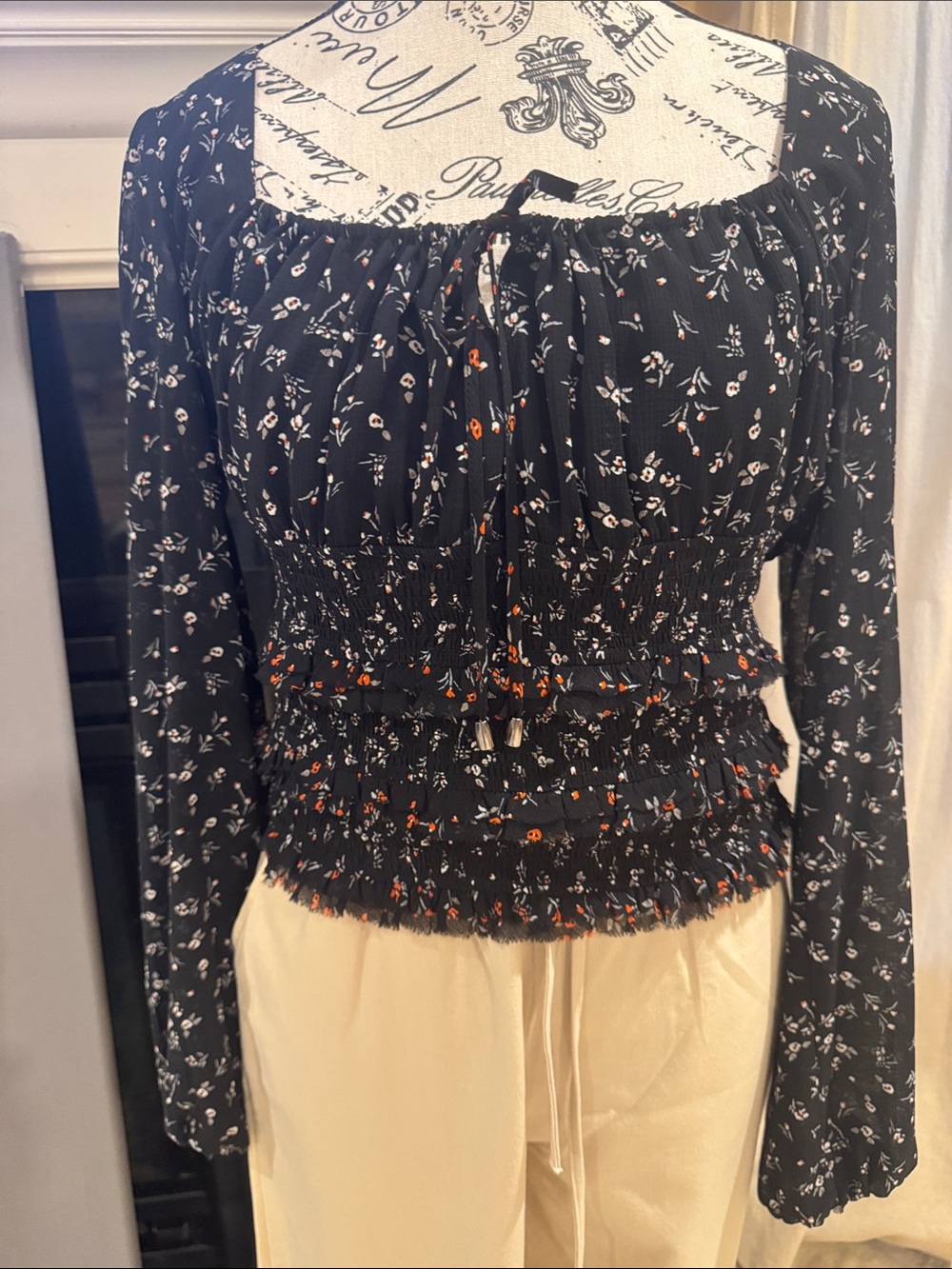 Smocked Floral Peasant Top - Black